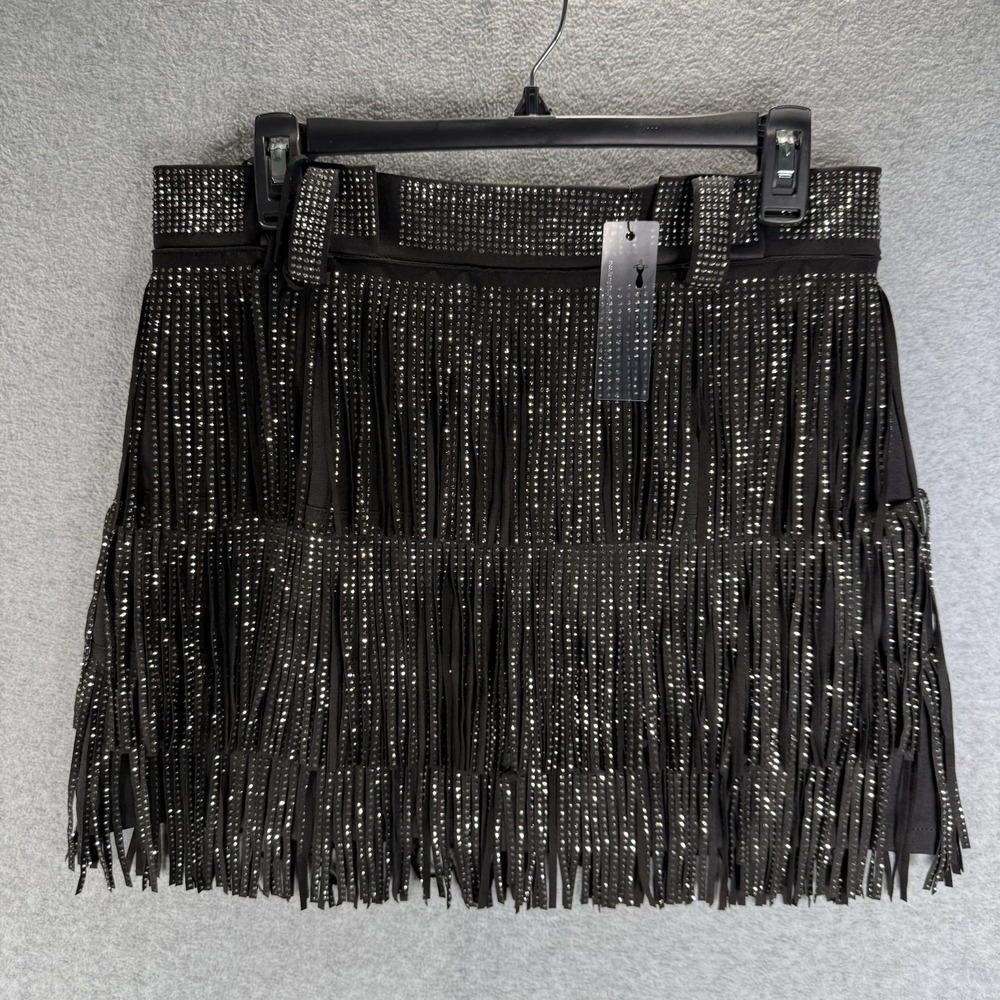 NWT Nylon Apparel Women's Black‎ Fringe Rhinestone Mini Skirt Size Large Western